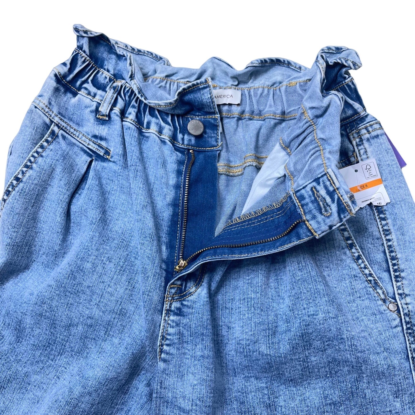 Vintage America Womens 8 Light Washed Ruffled Paperbag Waist Jeans 90s Mom Jeans