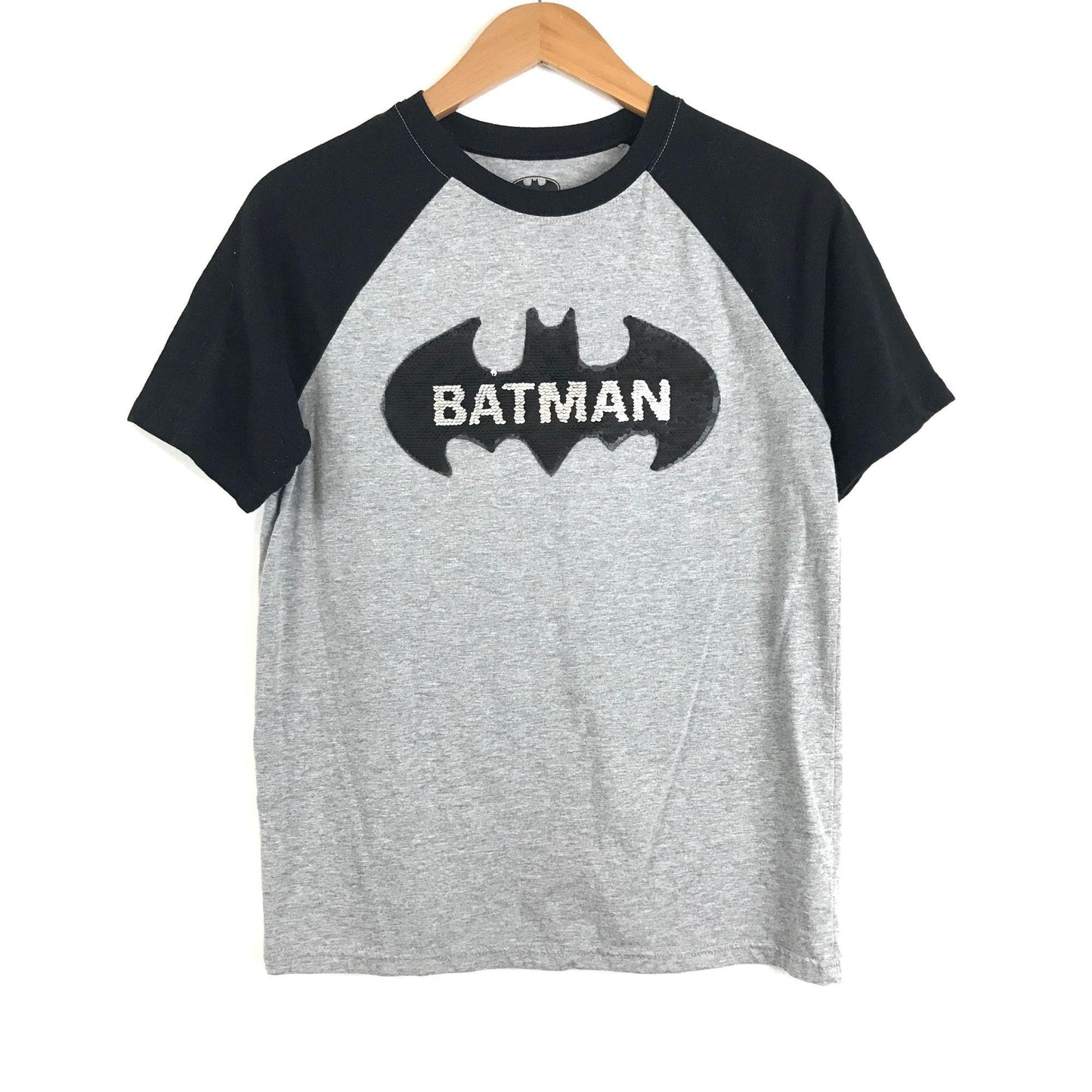 Batman XL 14/16 Raglan TShirt Double Sequin Bat The Caped Crusader Black Gray