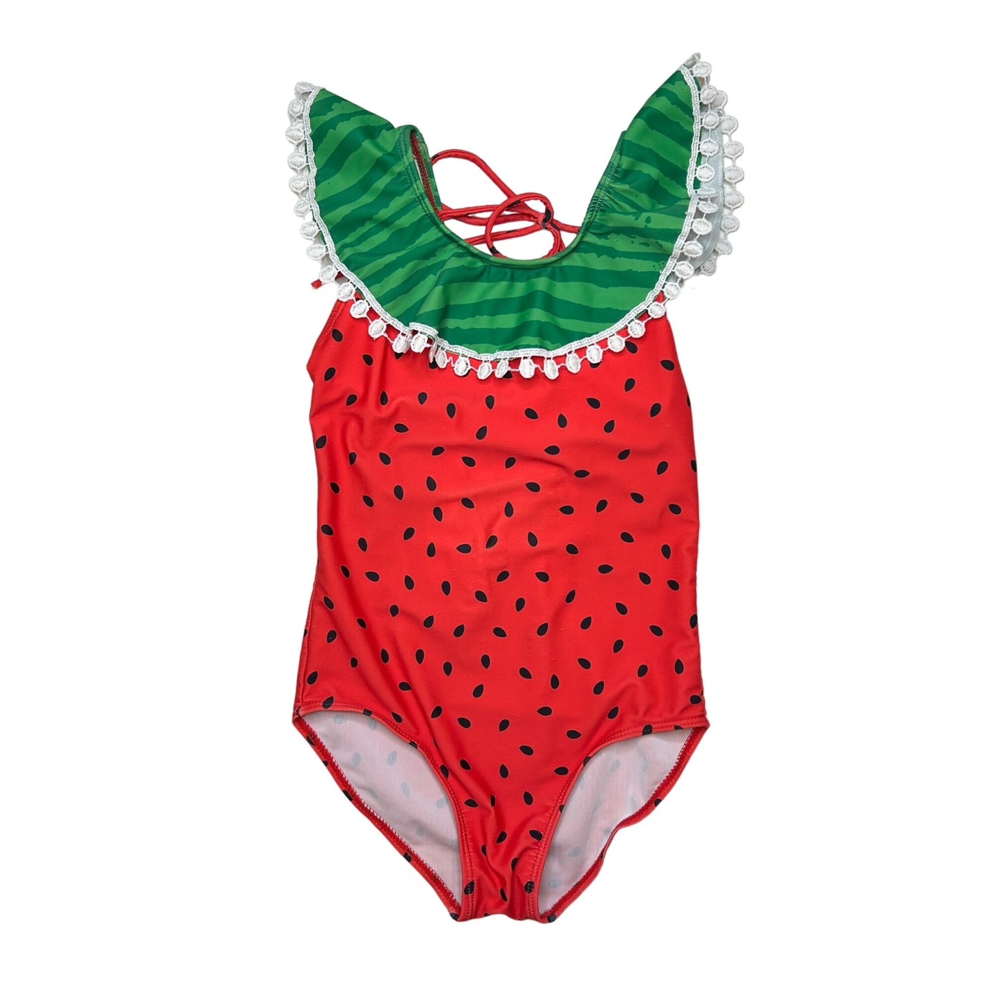 Watermelon Ruffle Swimsuit Girls Size 3X 8/9 One Piece Tie Back Ric Rac Trim