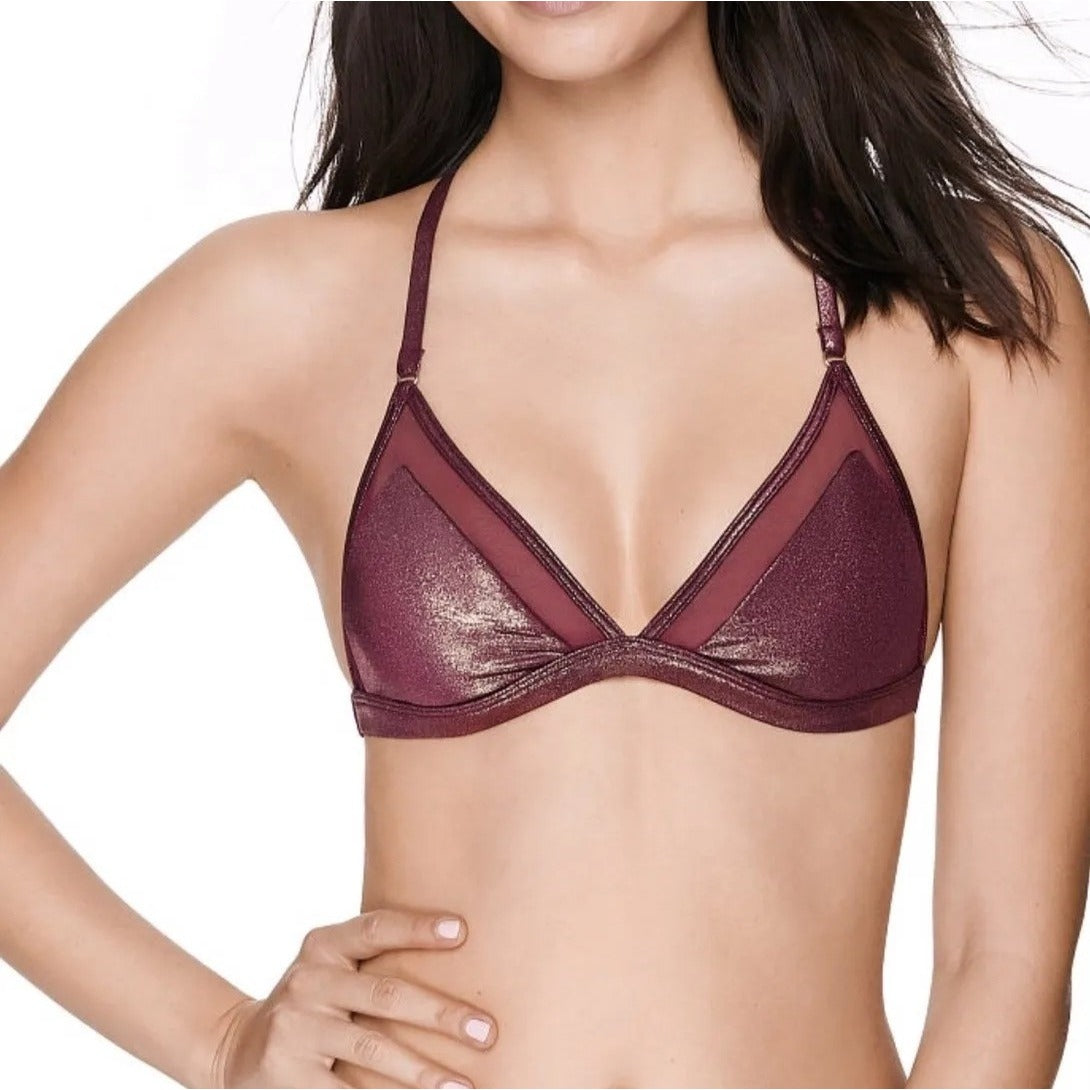 Victorias Secret PINK M Burgundy Shine Unlined Mesh Triangle Bralette Racerback