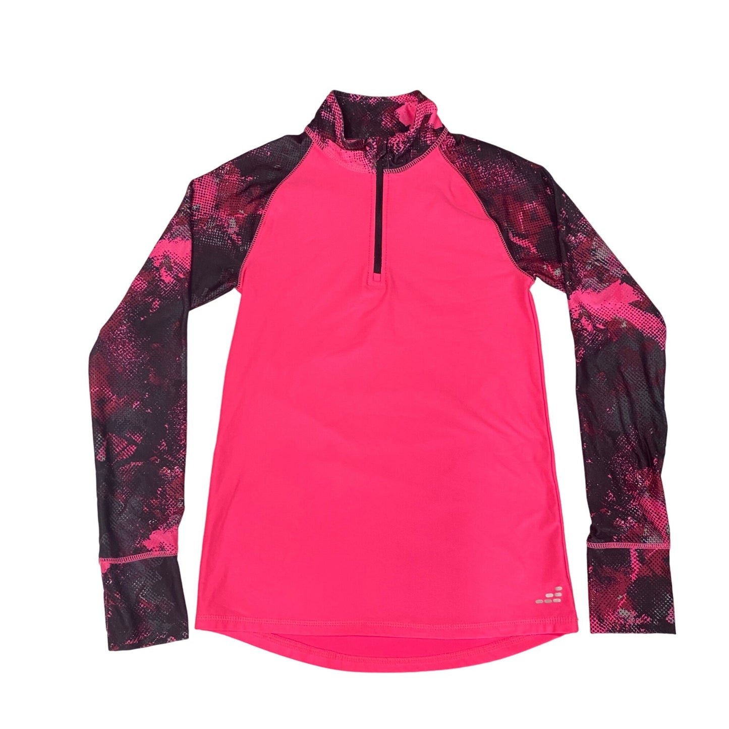 BCG Girls L 12/14 Pink Pullover 1/4 Zip Mock Neck Leafy Camo Thumbhole