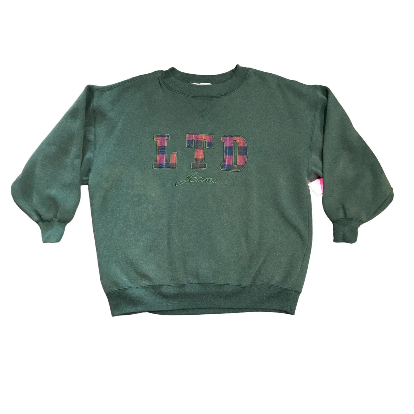 Vintage Limited Jeans M Green Pullover Sweatshirt Embroidered Plaid Logo y2K