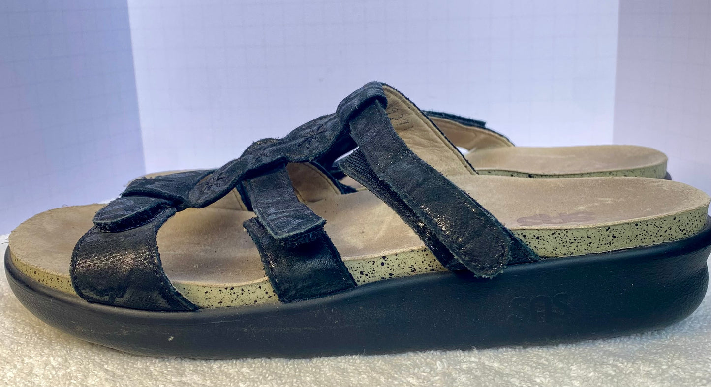 Sas Naples Slide Sandal Black Leather Strap Size 8.5
