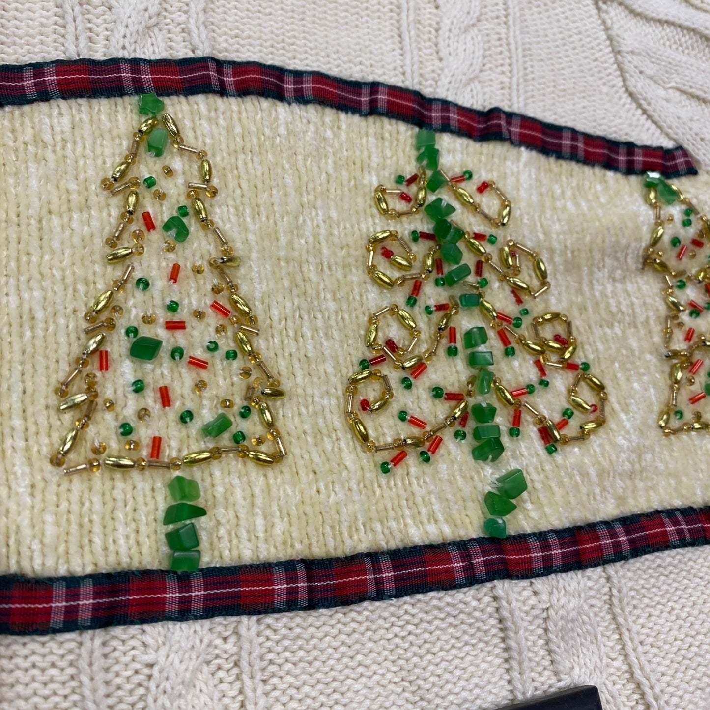 Storybook Knits XL Ivory Christmas Sweater Full Zip Cable Collar Beaded Trees