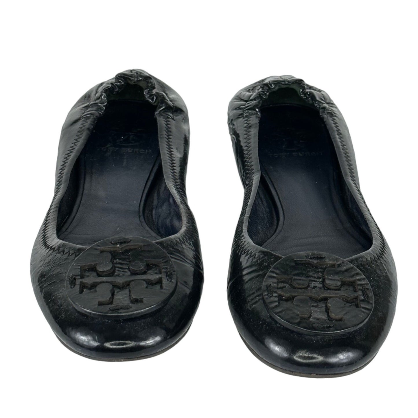 Tory Burch size 8 Black Leather Ballet Flats Slip On Plaque Medallion Logo