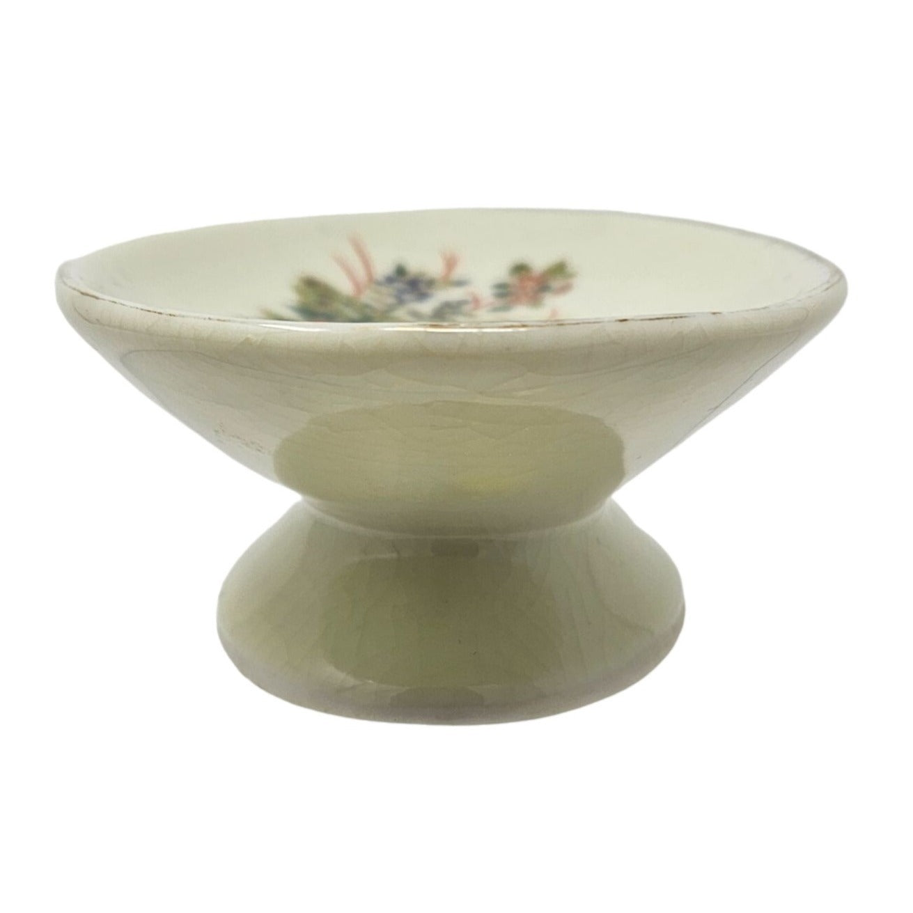 Vintage Small Ceramic Pedestal Bowl Peacock Floral Japanese Key Candy Bowl