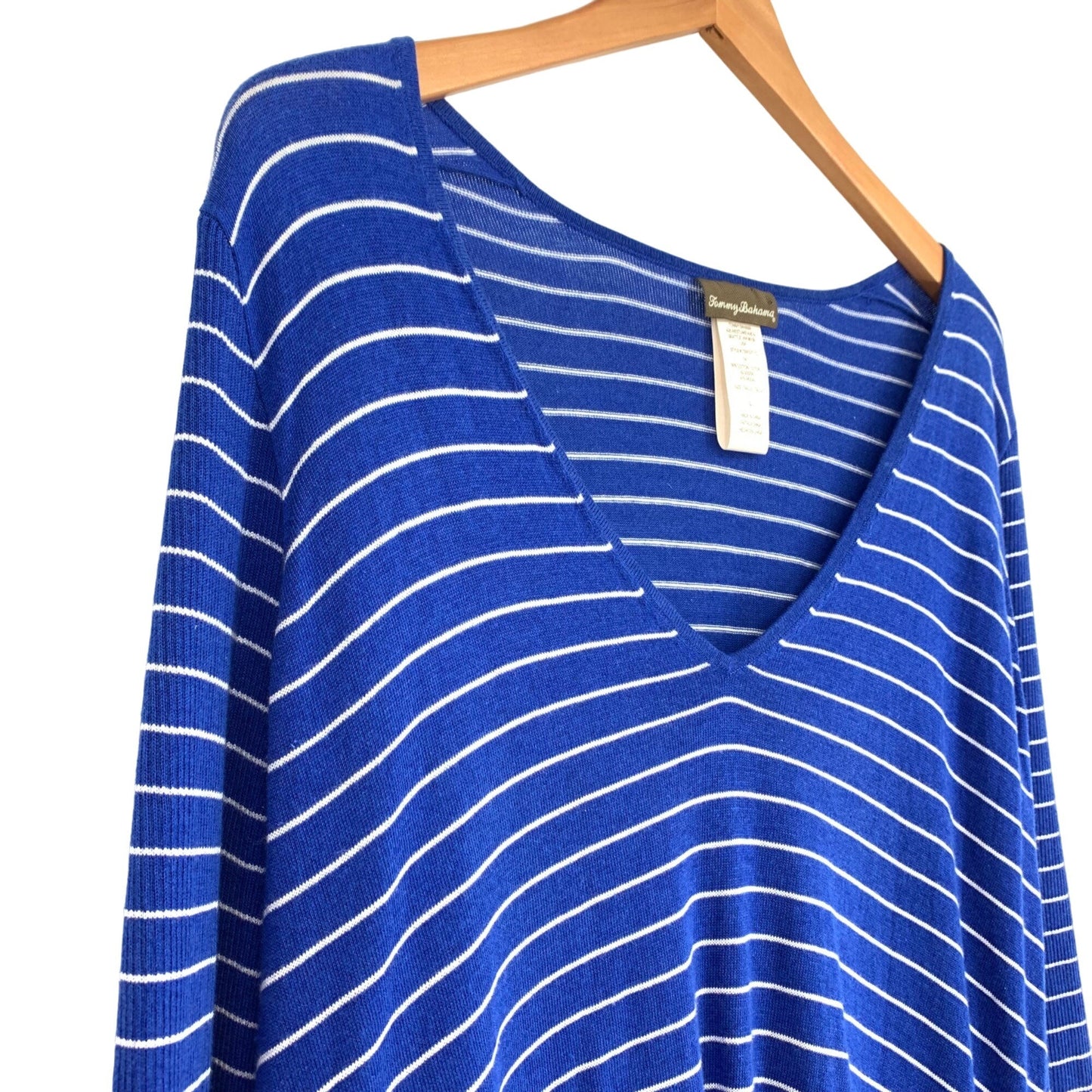 Tommy Bahama L Blue White Striped Tunic Blouse Long Sleeve Vneck Sharkbite Hem