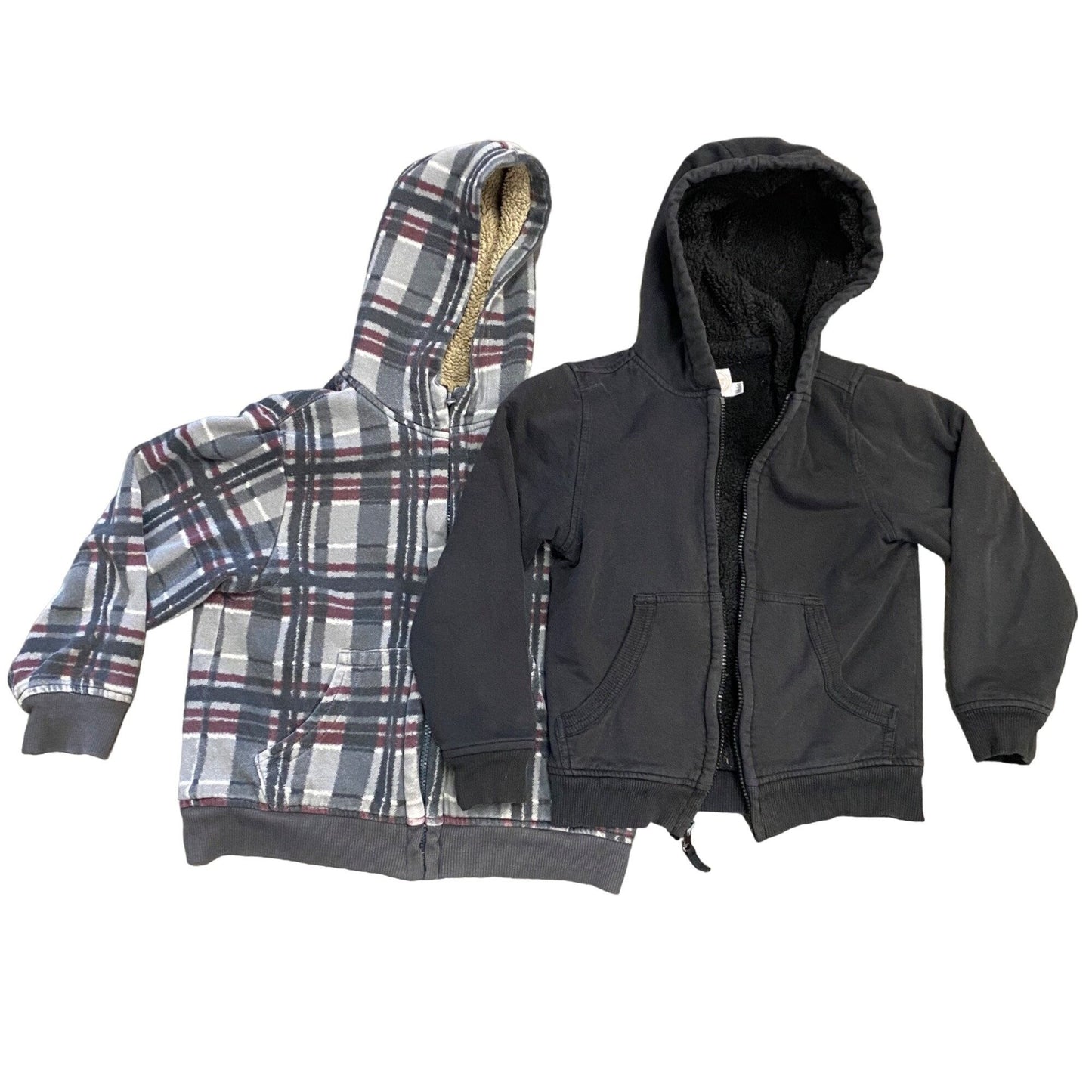 Boys S 6/7 Hoodie Jacket Lot of 2 Gray Plaid Fleece Lined Kangaroo Pockets Zip