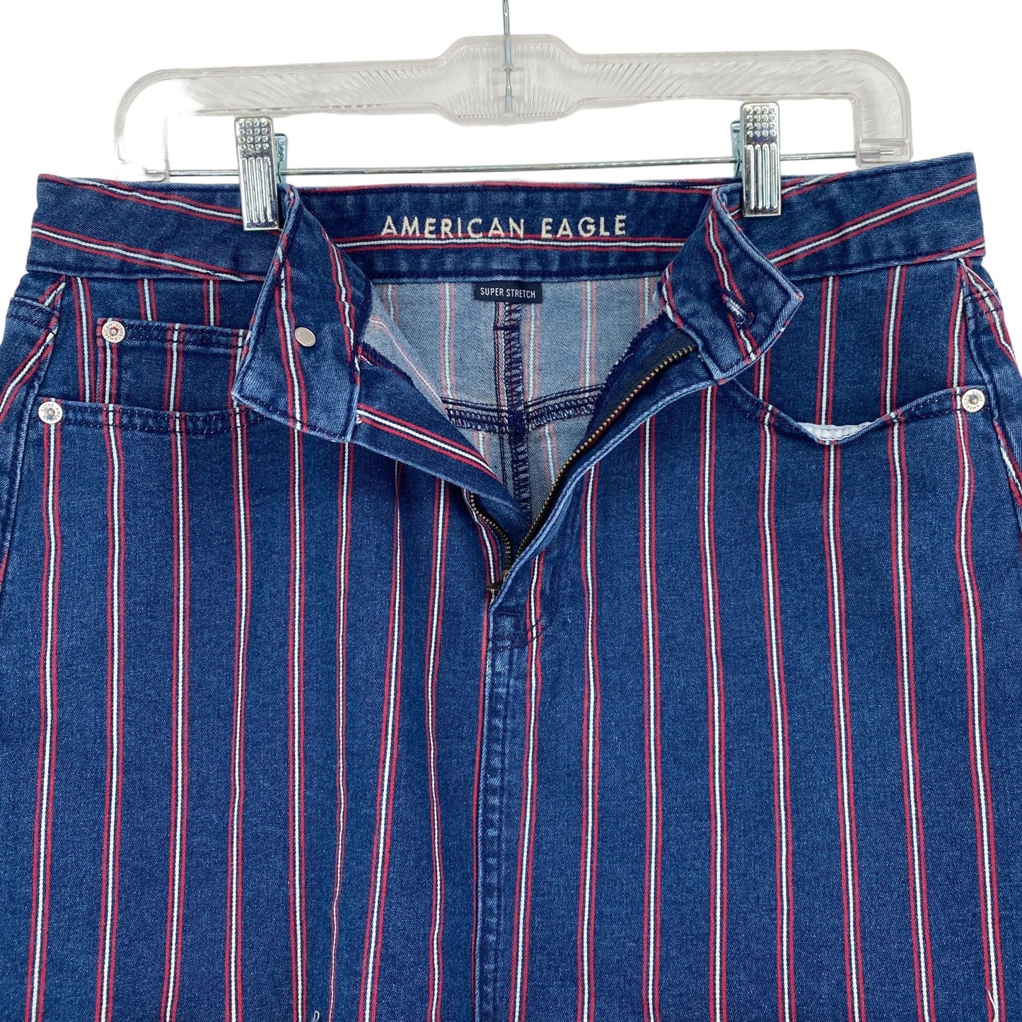 American Eagle 12 Mini Skirt Red White Blue Jean Striped Raw Hem Super Stretch