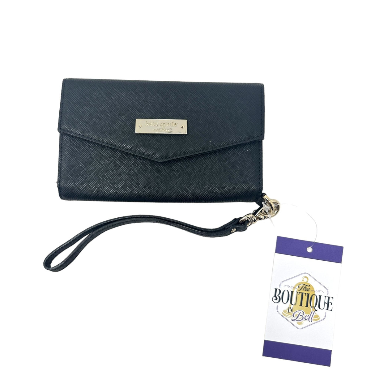 Kate Spade Black Saffiano Wristlet Wallet Gold Hardware Logo Designer Classic