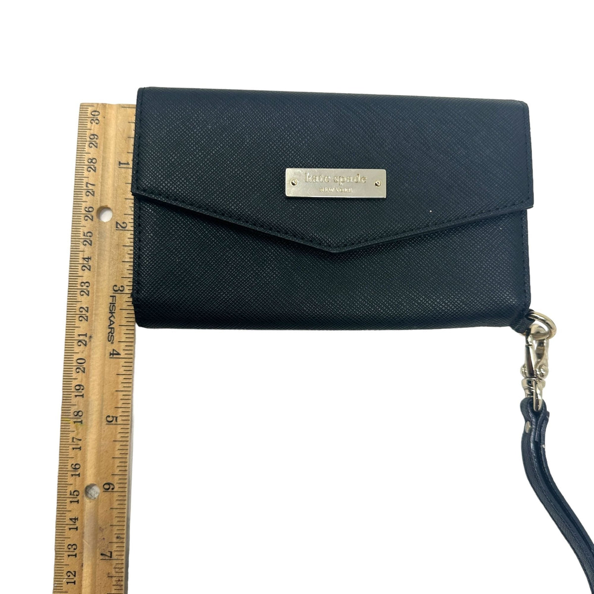 Kate Spade Black Saffiano Wristlet Wallet Gold Hardware Logo Designer Classic