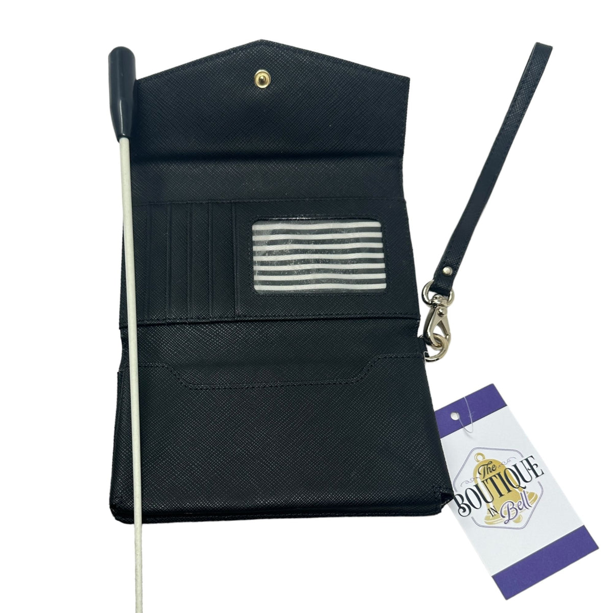 Kate Spade Black Saffiano Wristlet Wallet Gold Hardware Logo Designer Classic