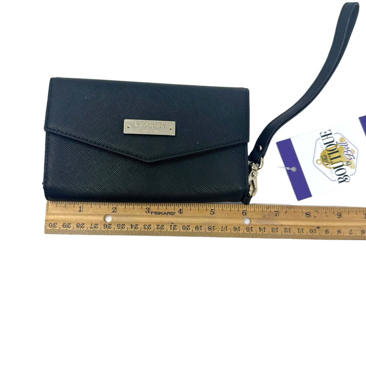 Kate Spade Black Saffiano Wristlet Wallet Gold Hardware Logo Designer Classic