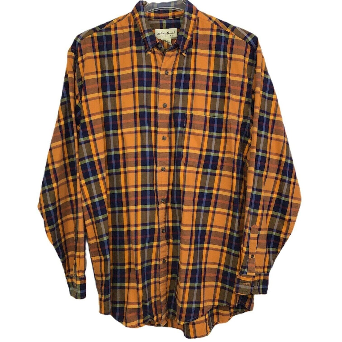 Eddie Bauer Mens L Orange Blue Plaid Button Up Shirt Long Sleeve Collar Casual