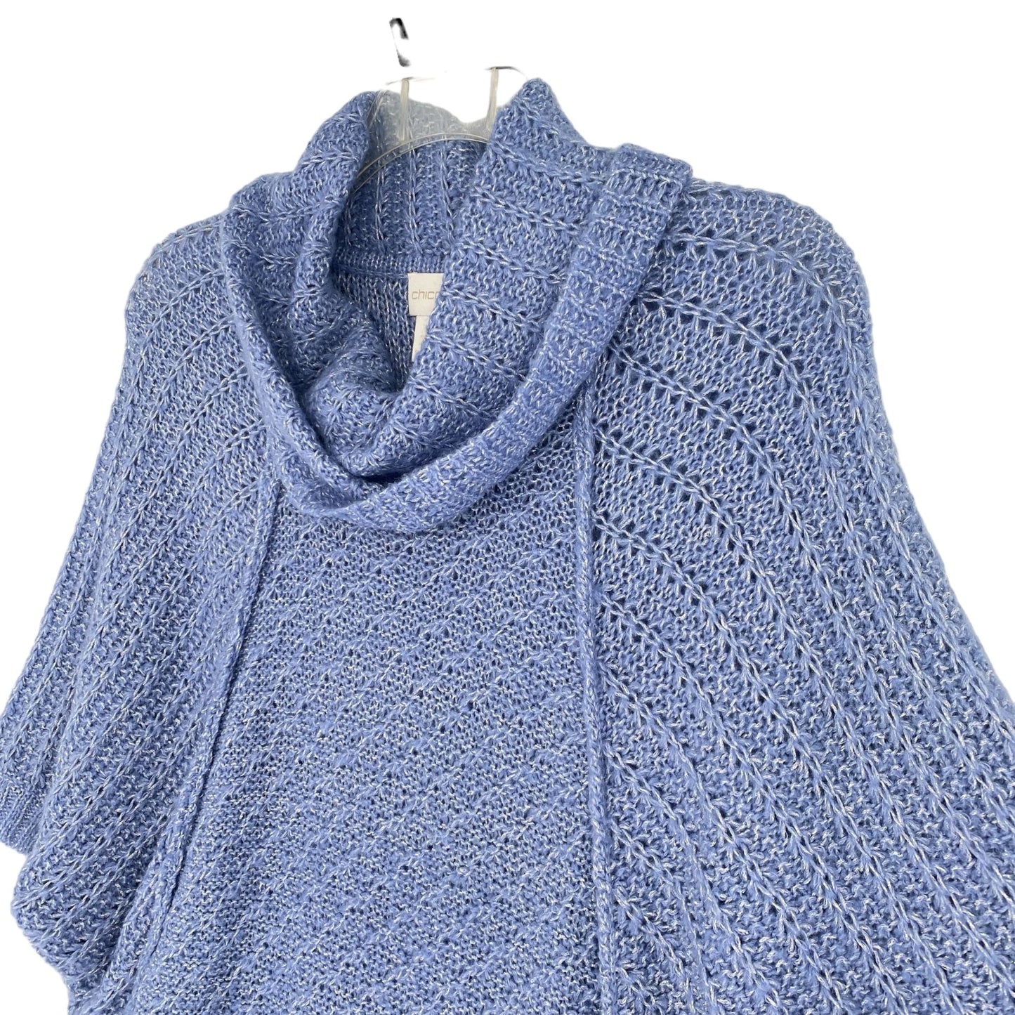 Chicos M Blue Sweater Silver Metallic Dolman Sleeve Cowl Neck Loose Knit