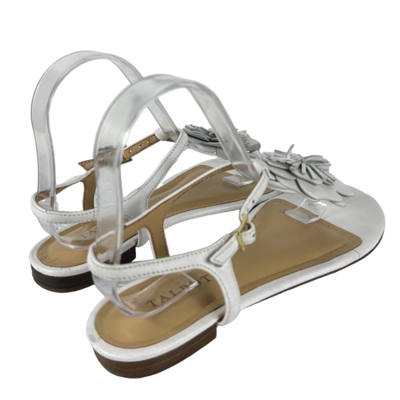 Talbots Womens 7.5M White Flat Strappy Sandal Flower Buckle Casual Church Wear