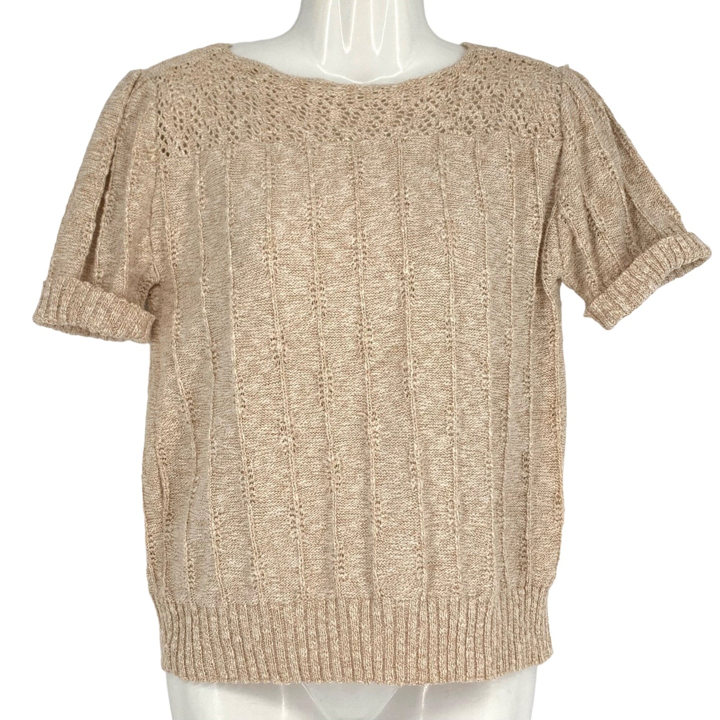 Vintage M Beige Knit Sweater Short Sleeve Ribbed Granny Cottage Round Neck