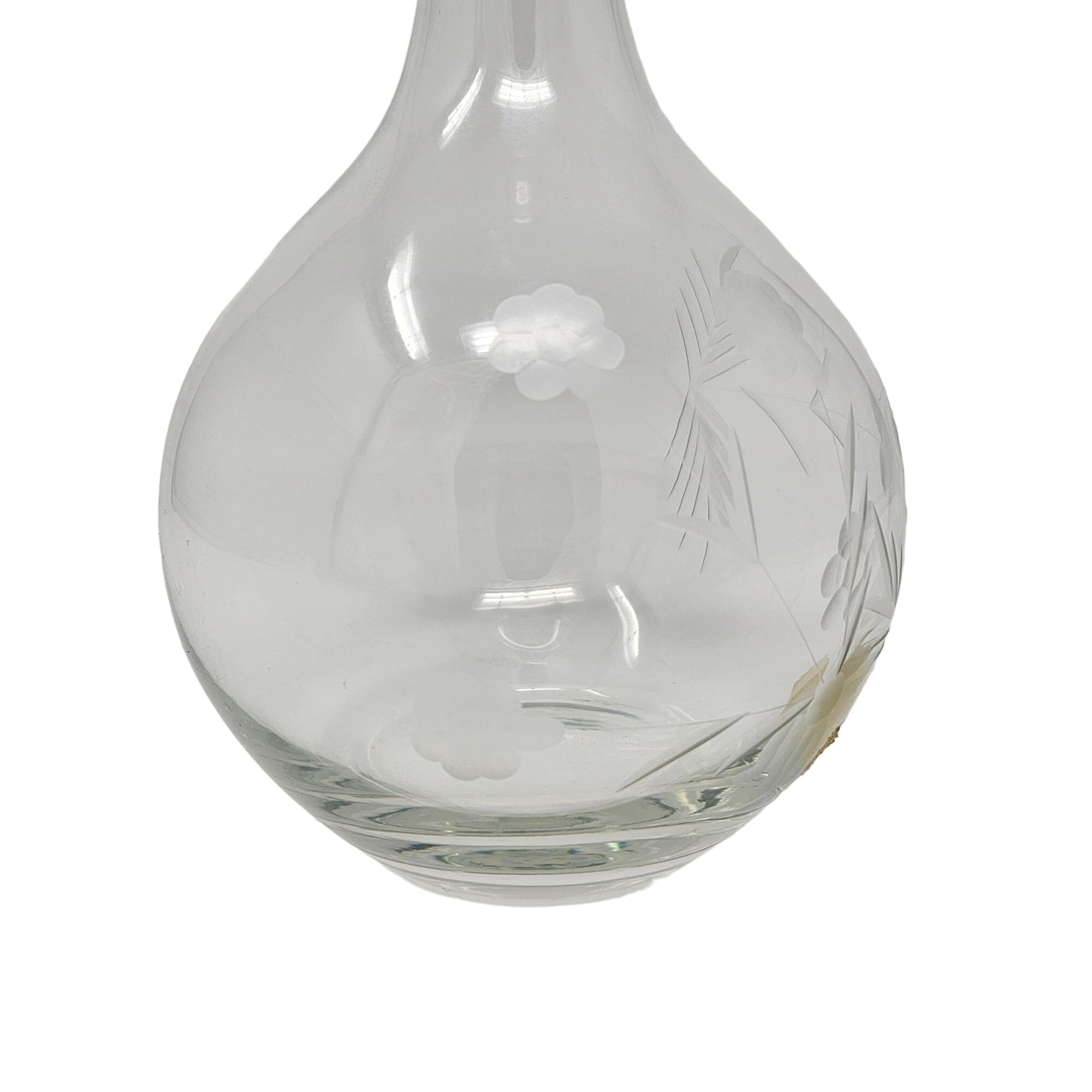 Vintage Bohemian Clear Glass Decanter Ball Stopper Etched Floral Fern 16" Bar