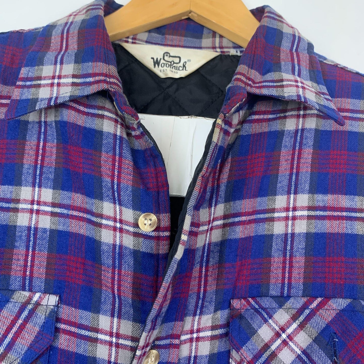 Vintage Woolrich L Flannel Jacket Insulated Lined Button Up Long Sleeve Blue Red