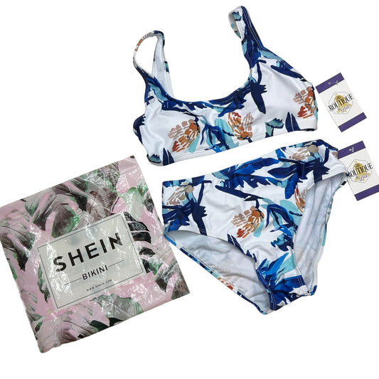 NEW SHEIN XS Tropical Leaf Print Bikini Set Bralette Top High Waist Bottom