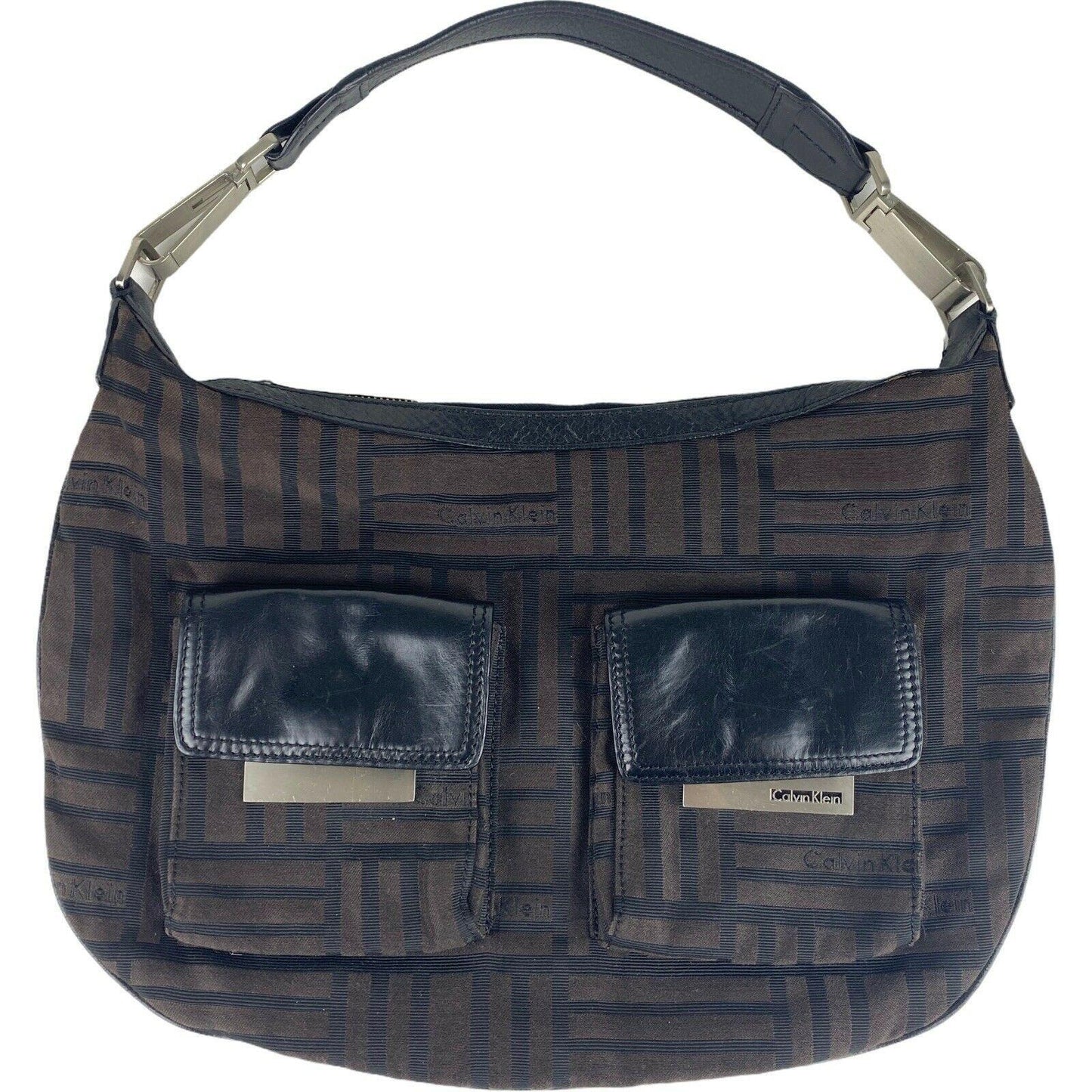 Calvin Klein Striped Purse Brown Black Zip Top Shoulder Bag Multi Pockets