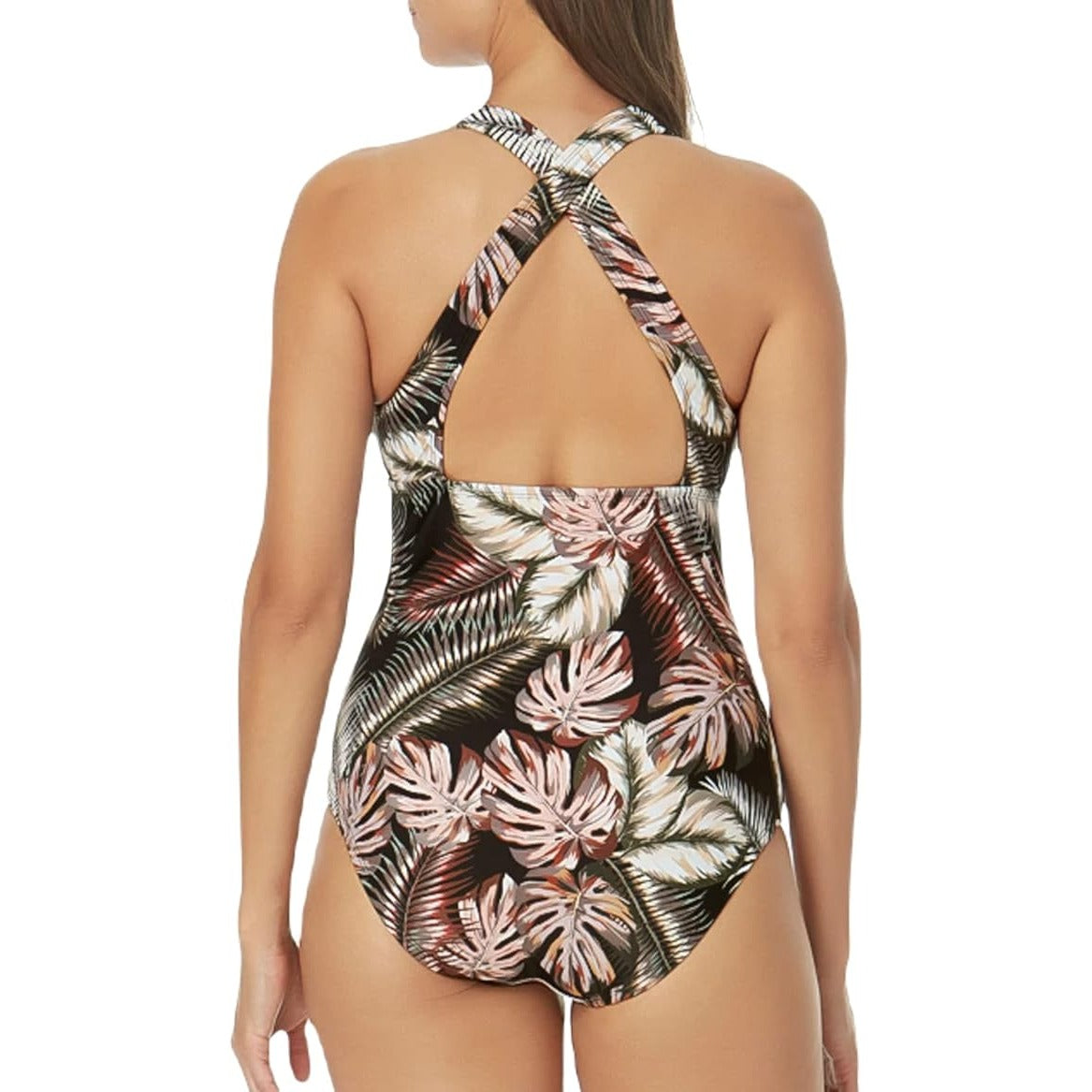 Hurley Womens XXL Tropical Print One Piece Swimsuit Leaf CrissCross Back Black