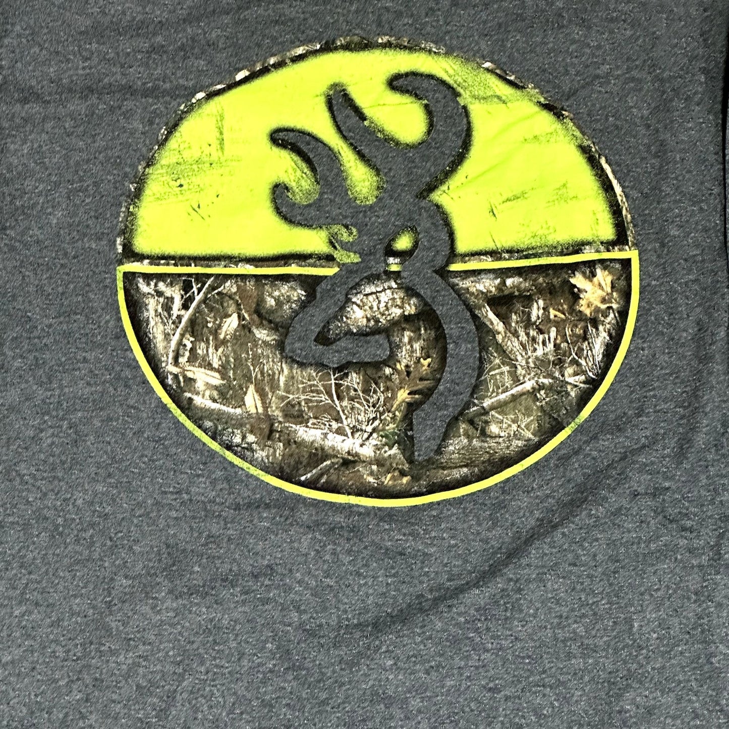 Browning Mens M Gray Long Sleeve TShirt Deer Camo Lime Green Logo Crew Neck