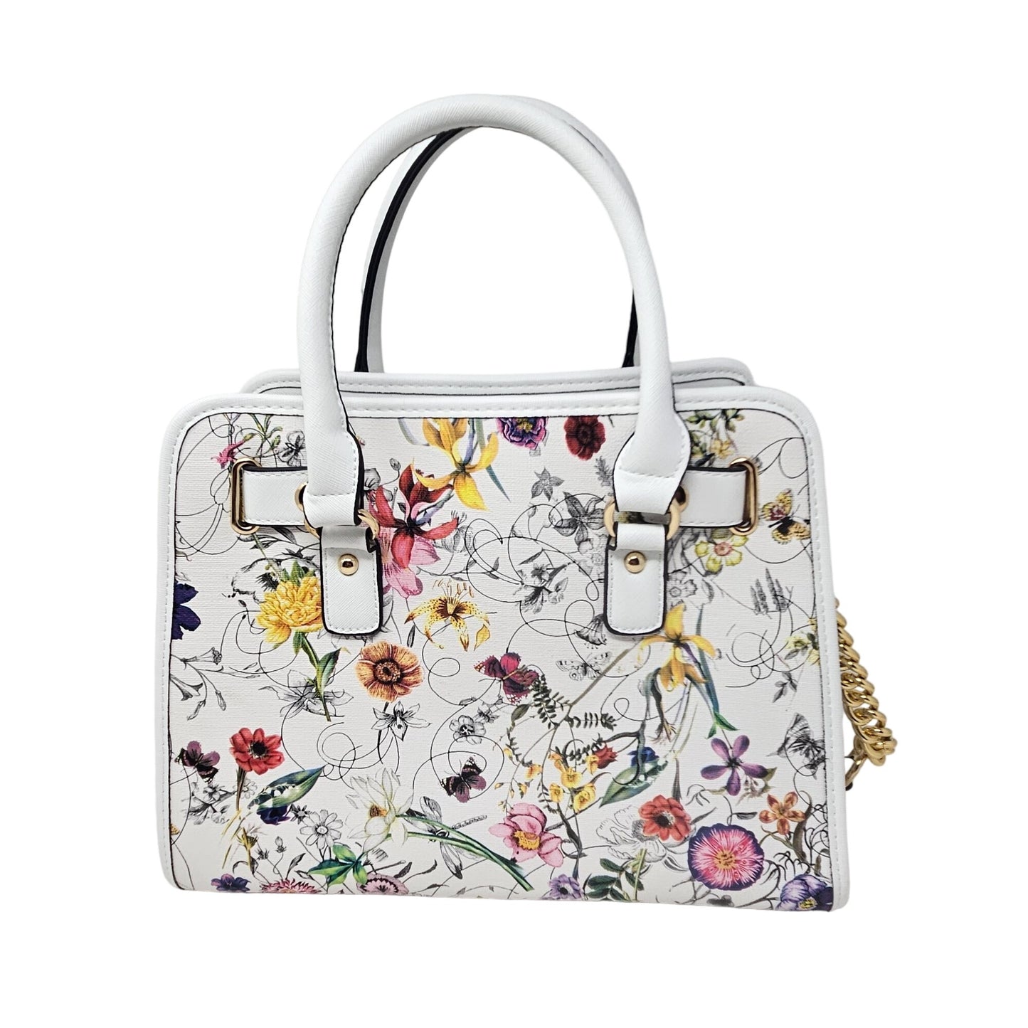 Dasein White Floral Purse Handbag Shoulder Bag Matching Wallet Inside Pocket