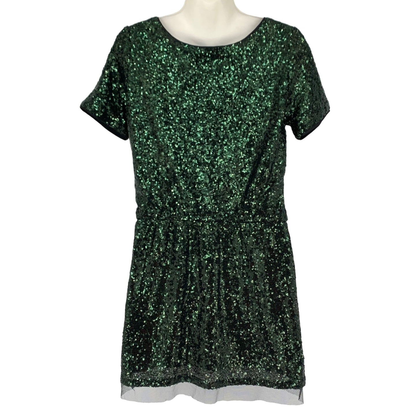 Lucy Paris S Green Sequin Cocktail Mini Dress Lined Short Sleeve Round Neck