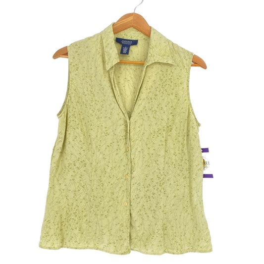 Vintage 90s Jones Wear Silk Blouse 14 Sleeveless Green Micro Floral Casual Wear