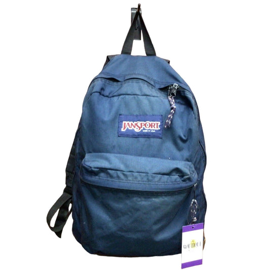 Vintage JANSPORT Blue Canvas Backpack Brown Leather Bottom - Made in USA