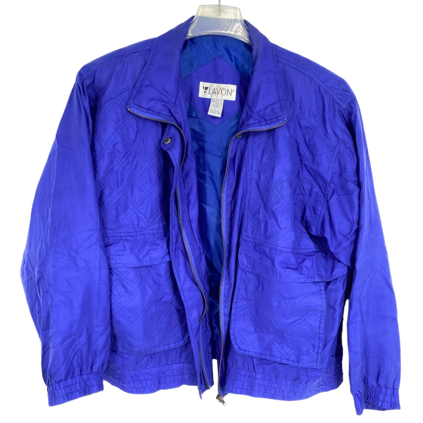 Vintage Lavon Womens L Royal Blue Silk Full Zip Jacket Front Pockets Collar 90s