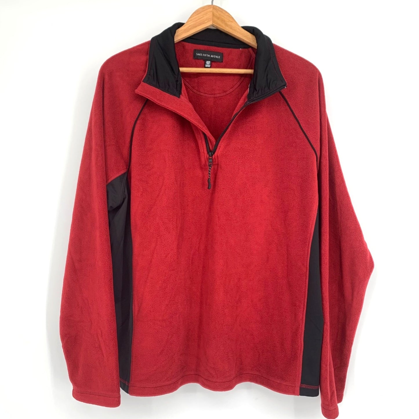 Saks Fifth Avenue XL Red Black Fleece Quarter Zip Pullover Collared Long Sleeve