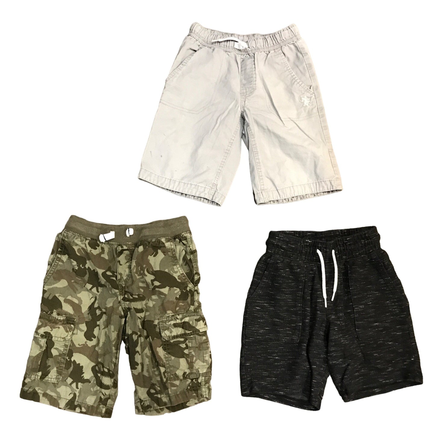 Elastic Drawstring Waist Shorts Lot Boys S 6/7 Dinosaur Camo Lt Gray Charcoal