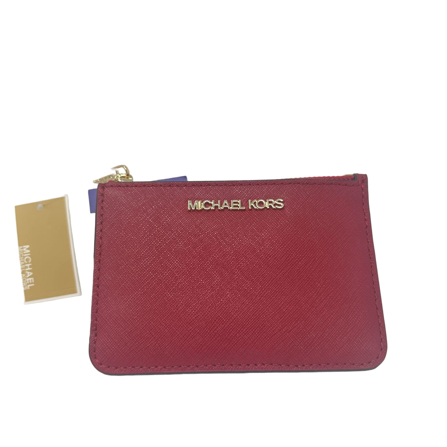 NWT Michael Kors Jet Set Travel Scarlet Leather Coinpouch Wallet Gold Accents