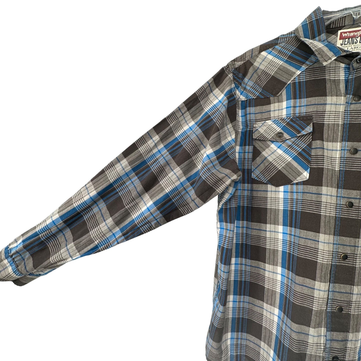 Wrangler XL Brown Blue Plaid Pearl Snap Button Down Long Sleeve Cowboy Rodeo