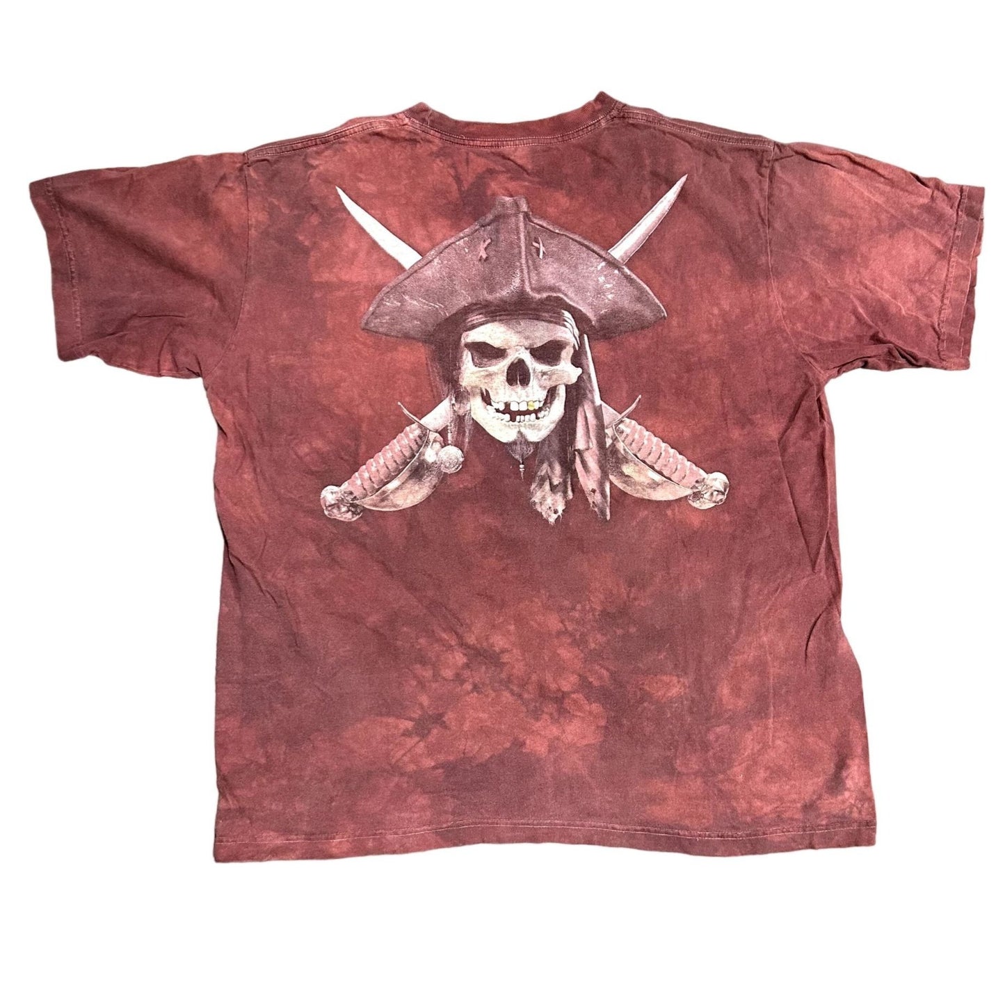 The Mountain Mens XL Red Tie Dye TShirt Pirate Skull Front Pocket Short Sleeve