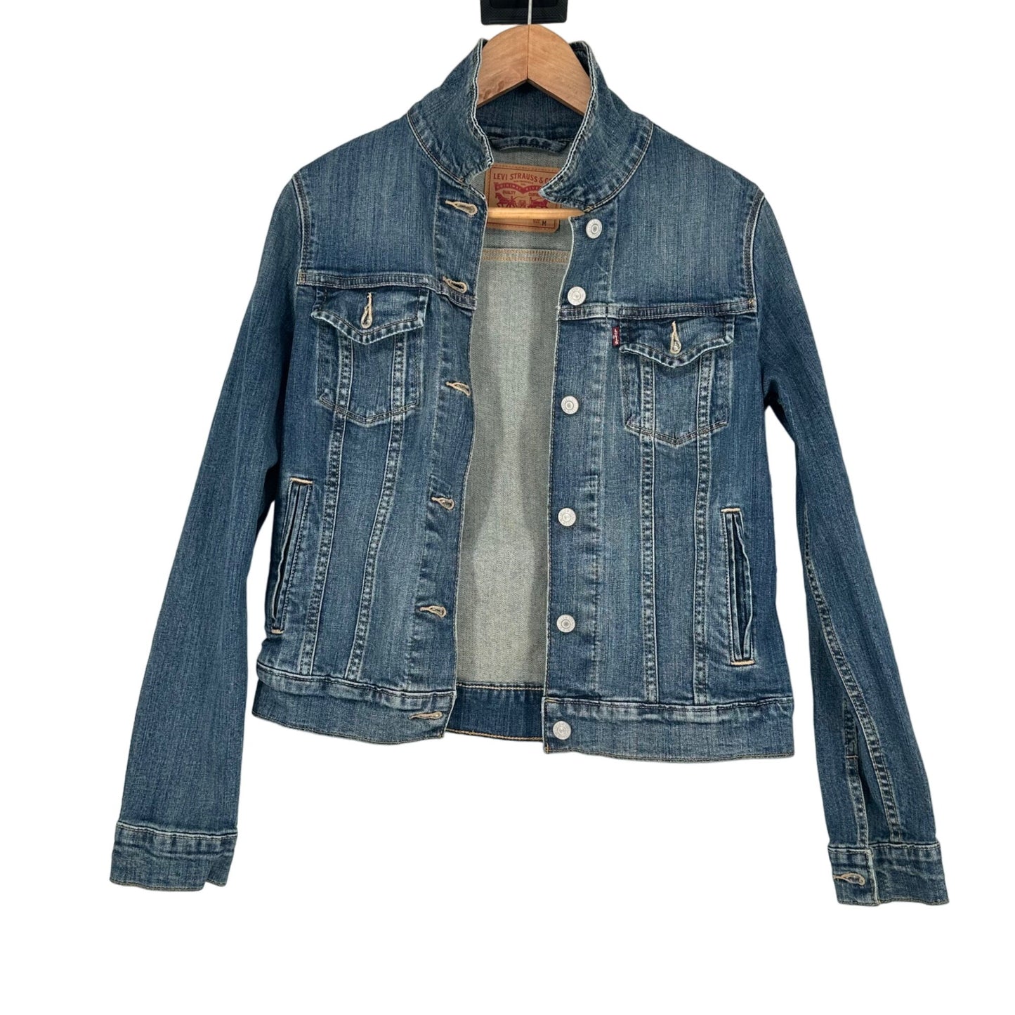 Levi Strauss Womens M Blue Denim Trucker Jacket Blue Jean Buttercup Stretch