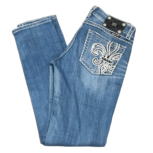 Miss Me 29 Skinny Blue Jeans Distressed Thick Stitch Studs Fleur De Lis Pockets