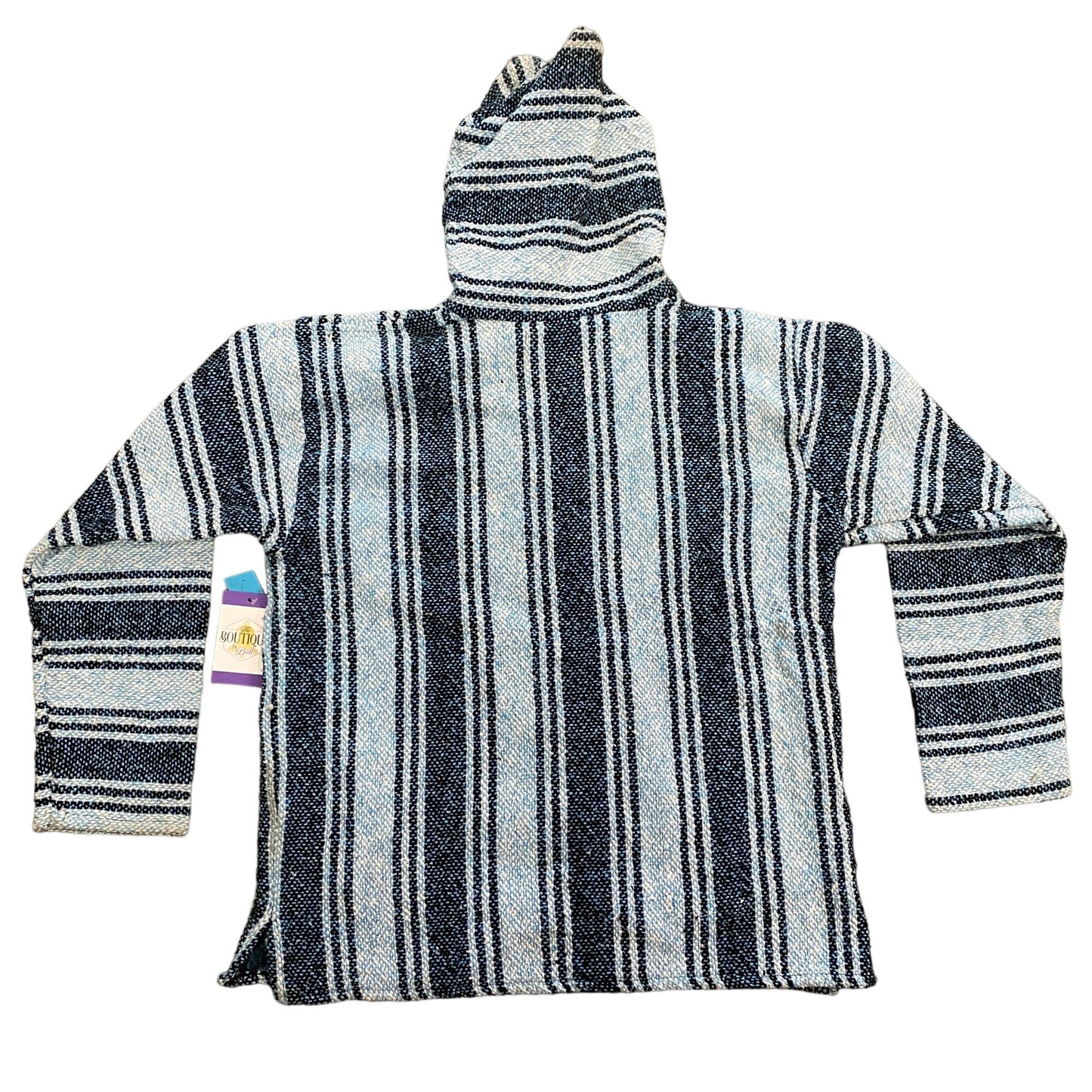 Iguana Jack Womens L Mexican Baja Pullover Hoodie Kangaroo Pocket Blue Striped