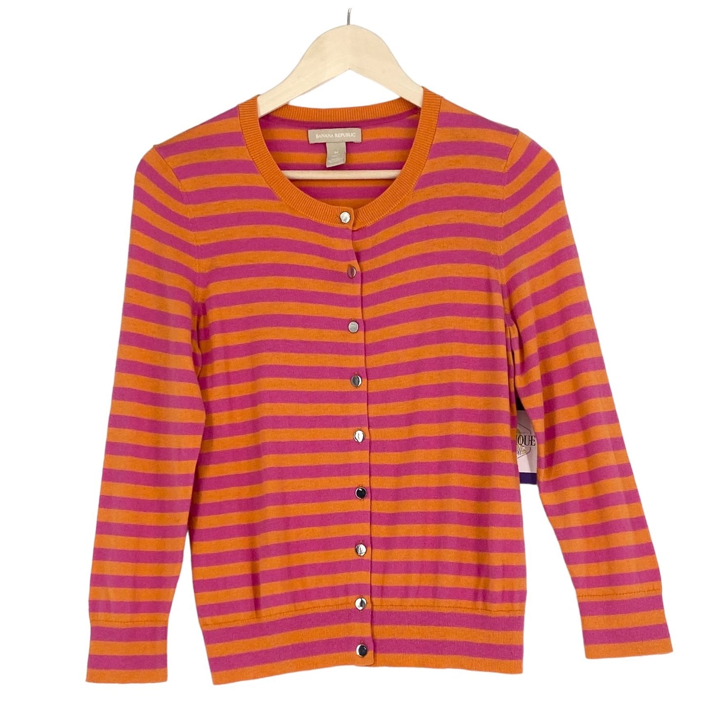 Banana Republic Womens M Front Button Cardigan Sweater Pink Orange Striped Silk