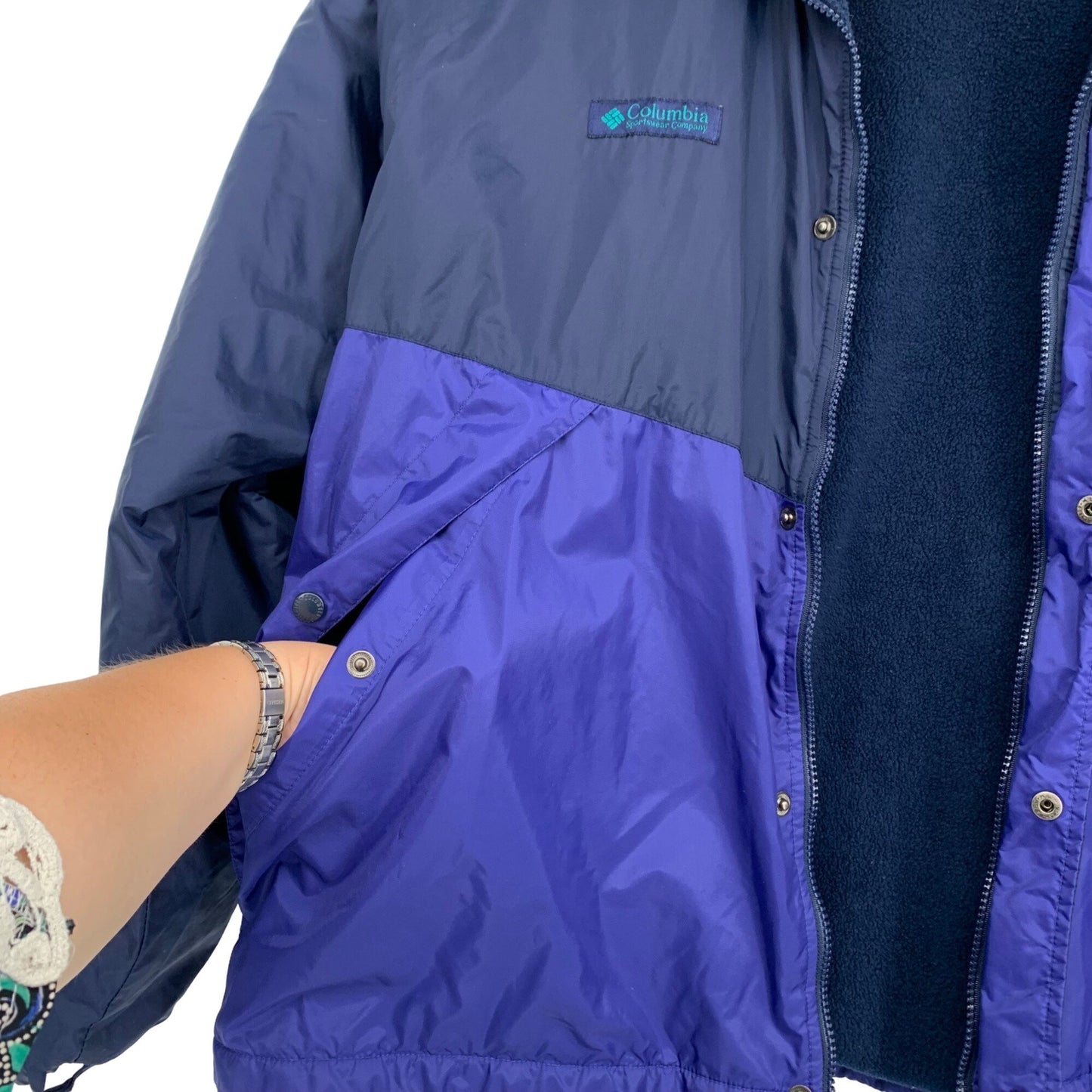 Vintage Columbia XL 2 In 1 Jacket Teal Purple Fleece Lined Zipper Pockets Full Zip