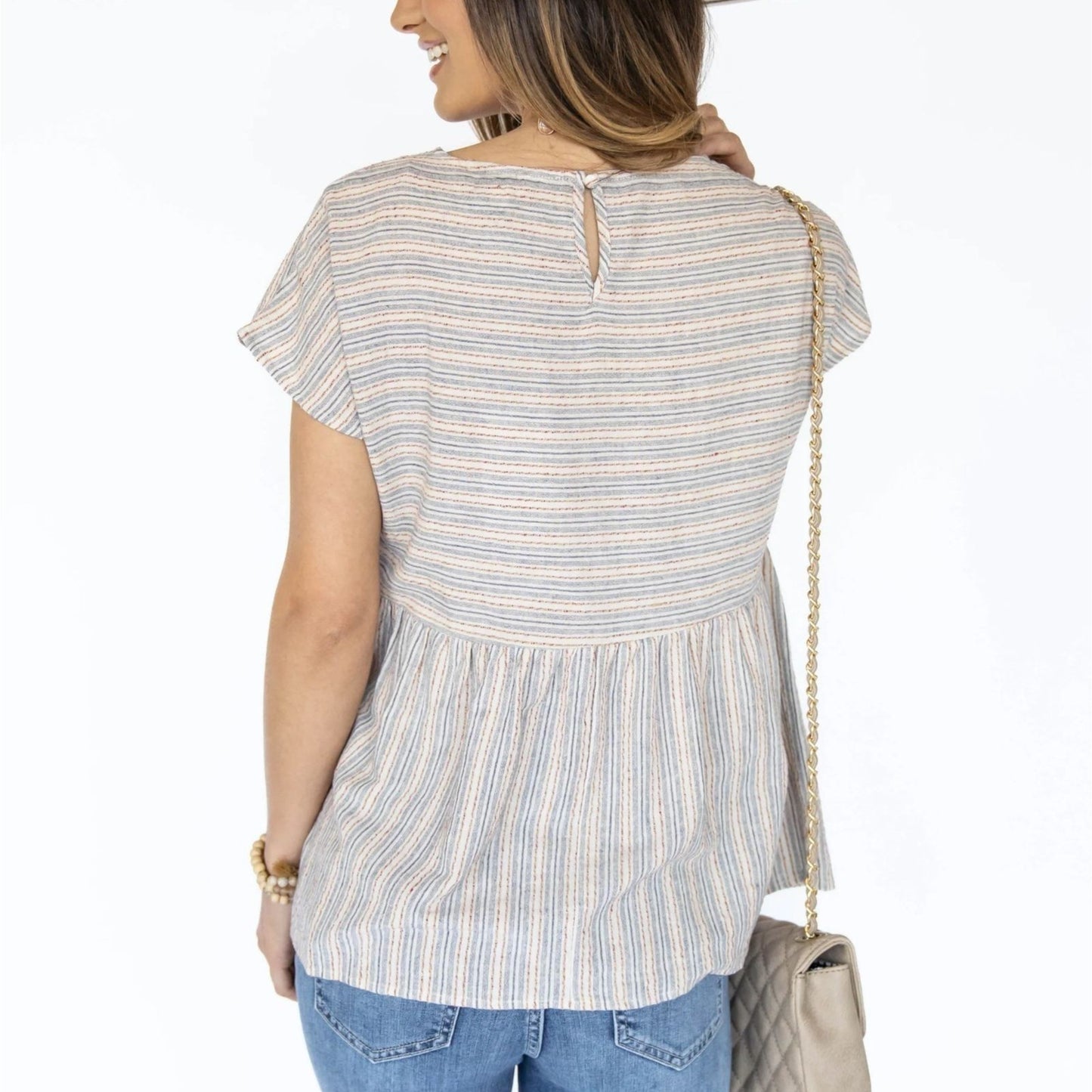 Andree By Unit L Linen Cotton Babydoll Top Summer Monica Stripe Blue Rust