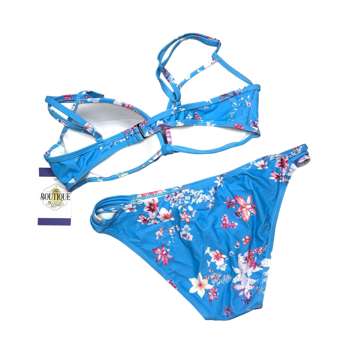 SHEIN Womens S Blue Bikini Swim Suit Floral Print Adjustable Strap Lined Strappy