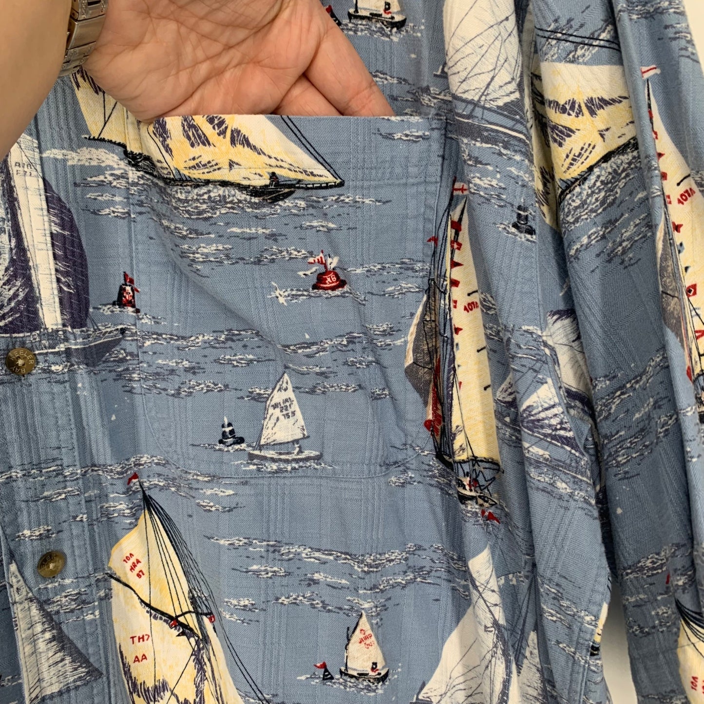 Keeler Bay XL Nautical Print Sail Boats Button Front Pocket Collar Short Sleeve