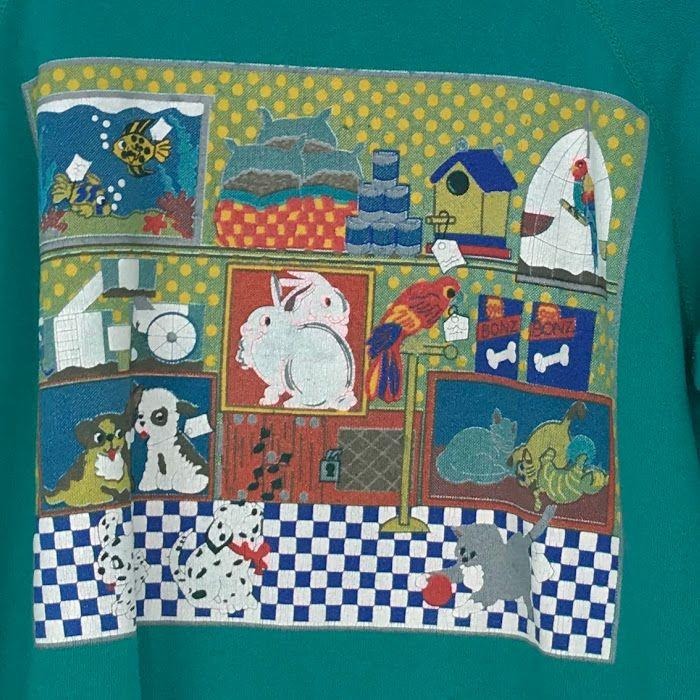 Vintage Hanes L Teal Sweater Animal Spring Graphic Sweatshirt Long Sleeve Crew