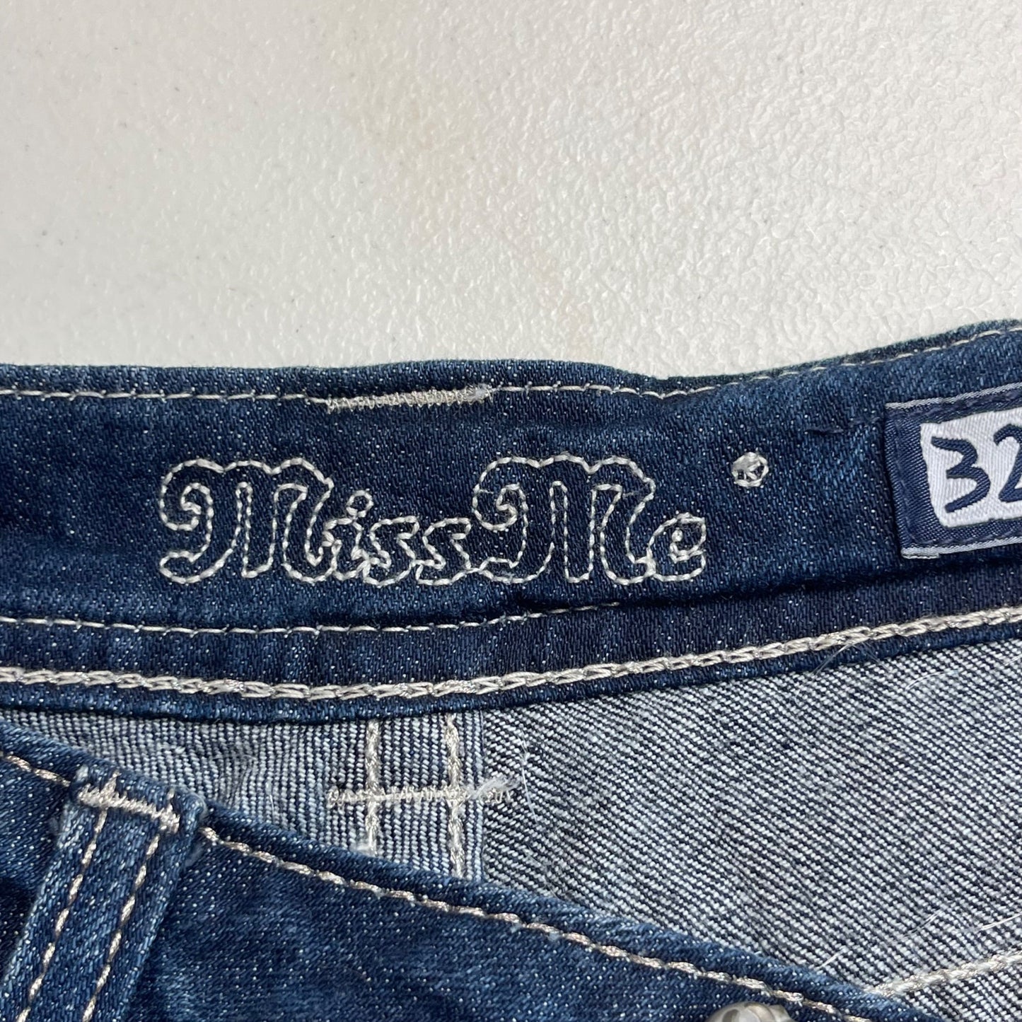 Miss Me 32x35 Blue Denim Bootcut Jeans Flap Pockets Chainmail Armor Bling Biker