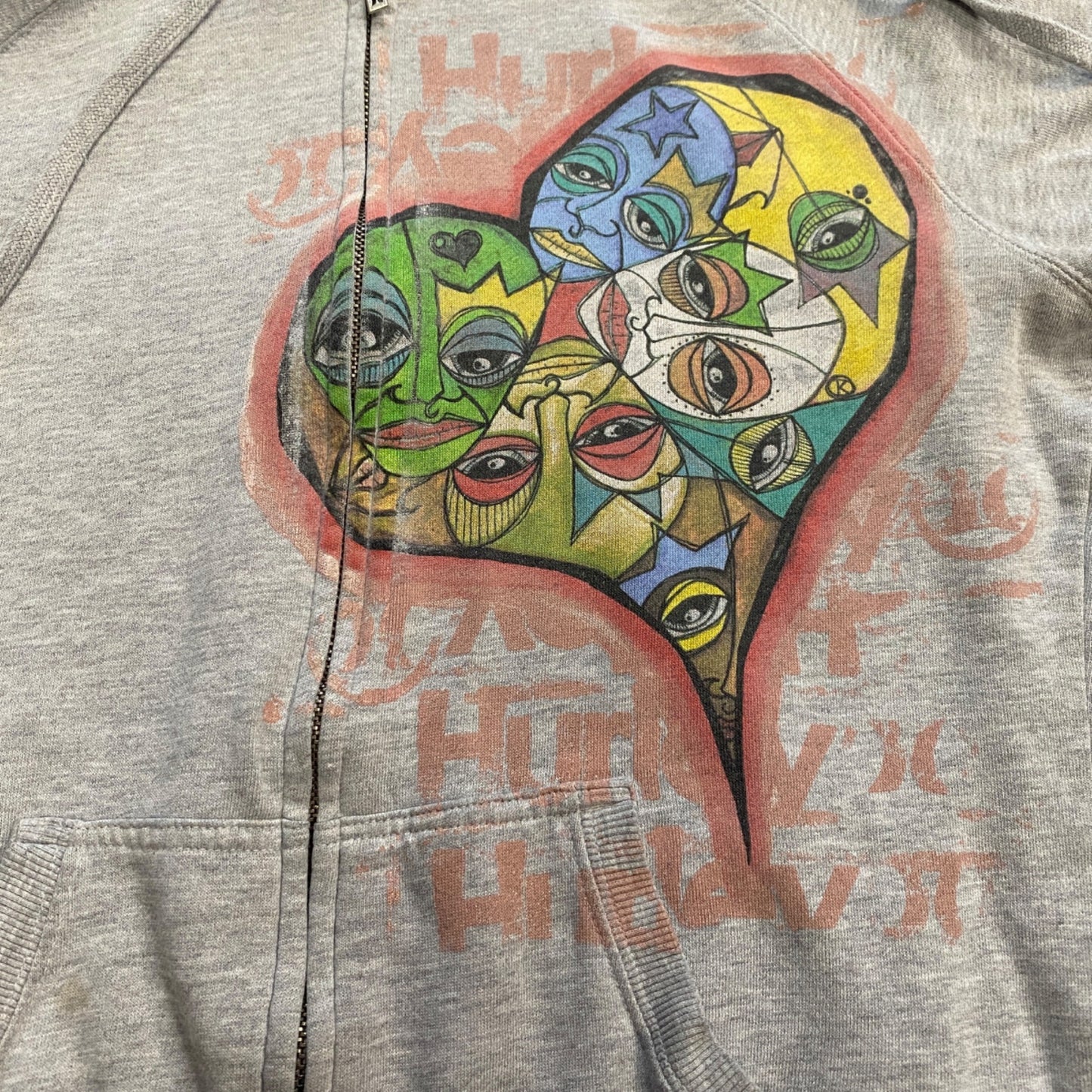 Hurley Womens L Gray Hoodie Faces of Love Graphic Print Full Zip Thumbhole Heart