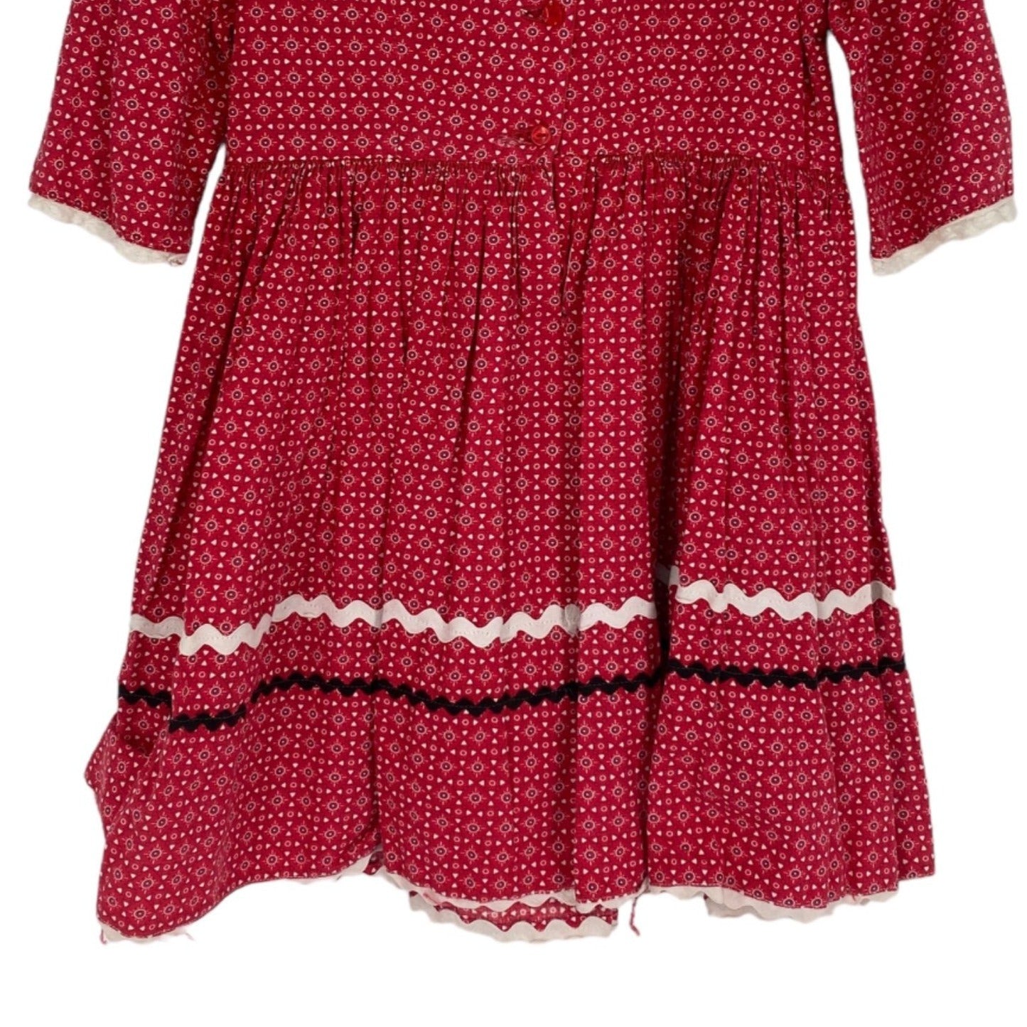 Vintage 1950s Handmade 6 Girls Dress Red Print Ric Rac Lace Trim Button Back