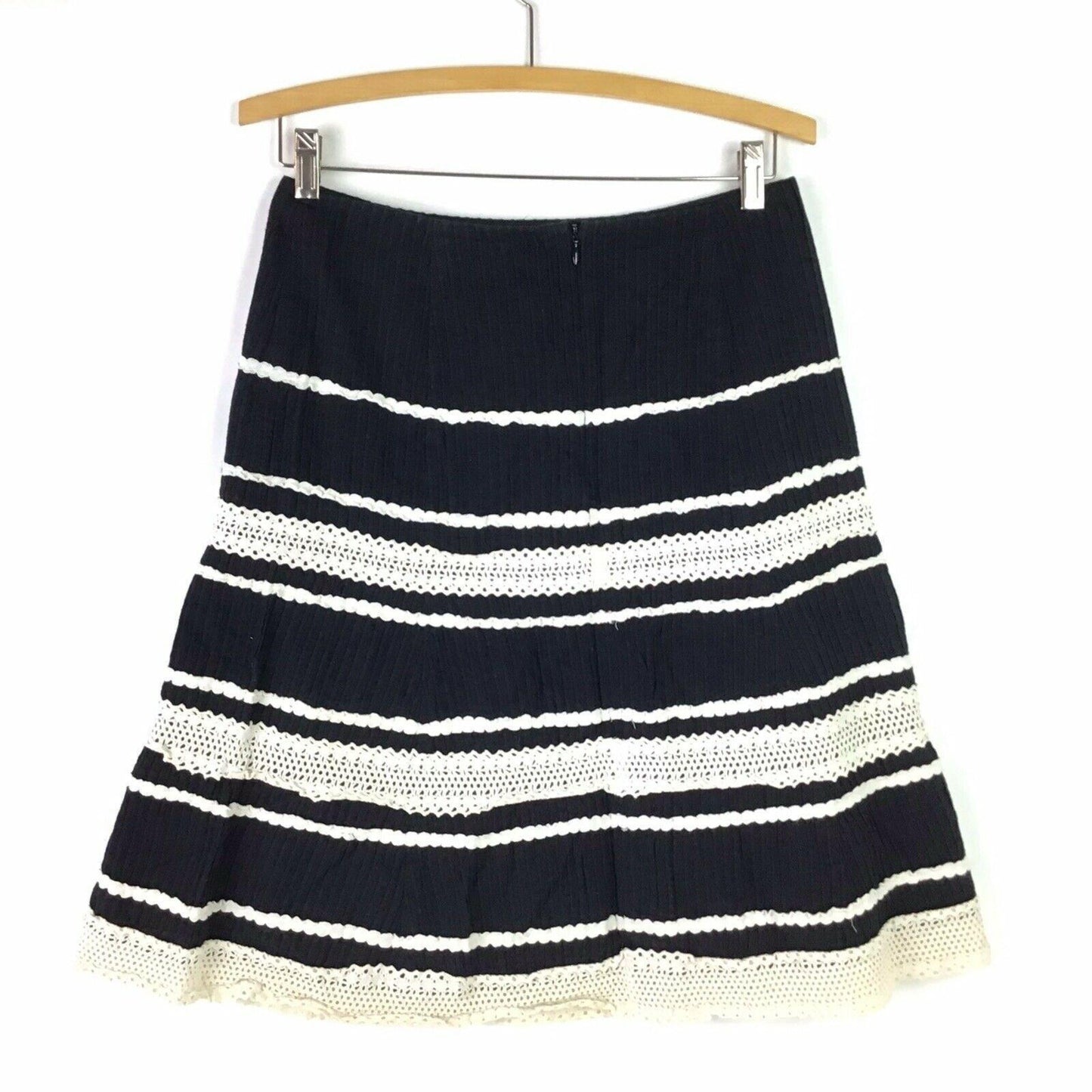 Talbots 8 Lace Trim Ribbed Ruffle Skirt Lined Black White ALine Cotton Striped